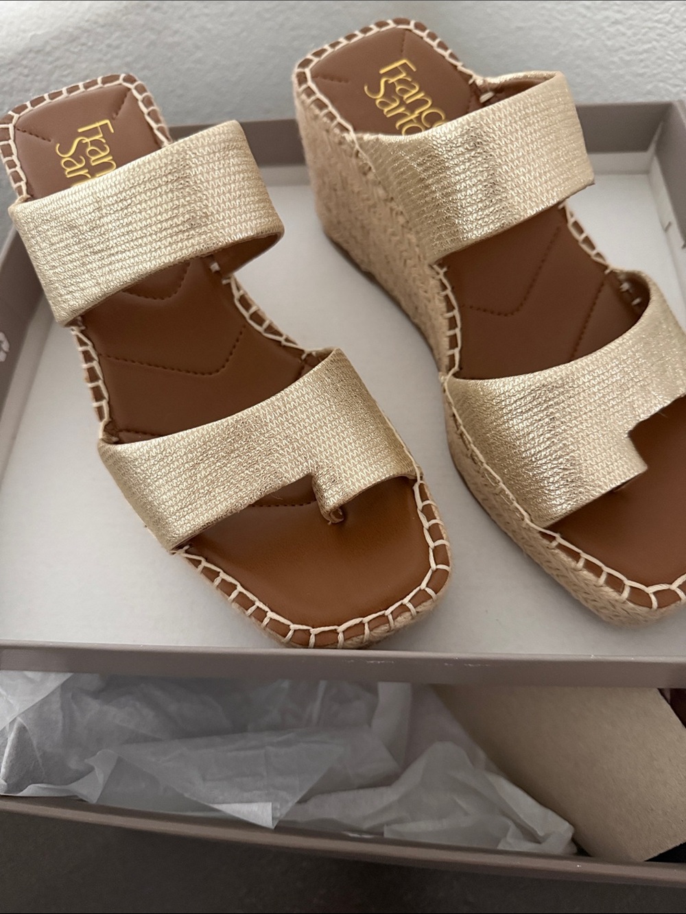 Franco Sarto Metallic Gold Double-Strap Wedge Sandals